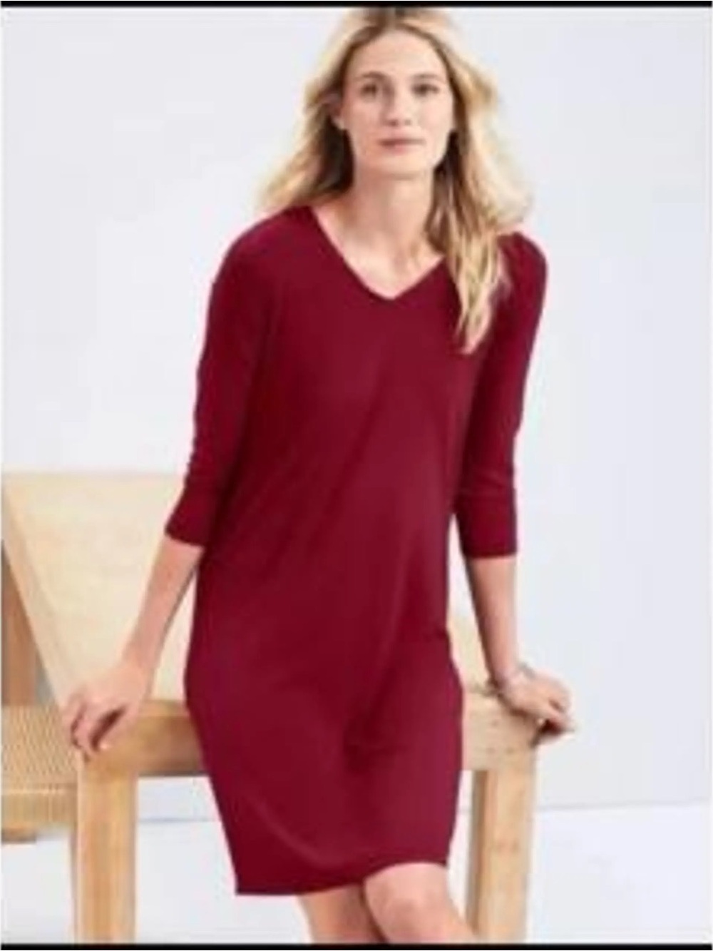 Eileen Fisher Viscose Jersey V-Neck Dress Burgundy Petite Small PS